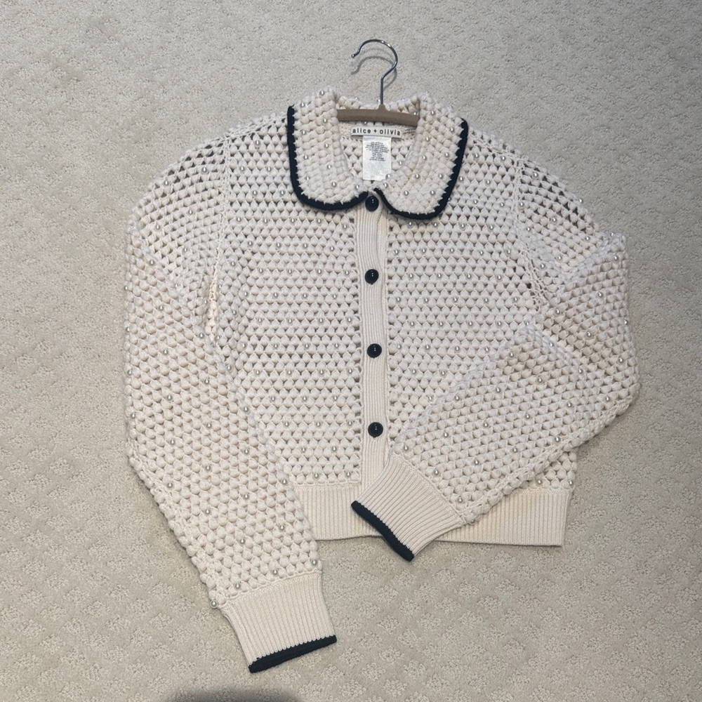 Alice & Olivia Collins Wool Cardigan Pearl Sweater Small - Picture 2 of 5
